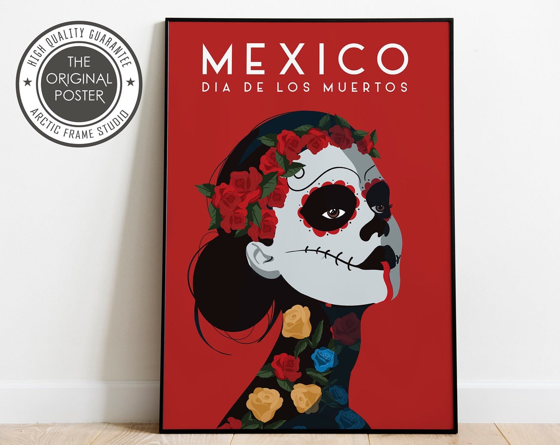 Mexico Dia de los Muertos Sugar Skull Roses Art Travel Poster