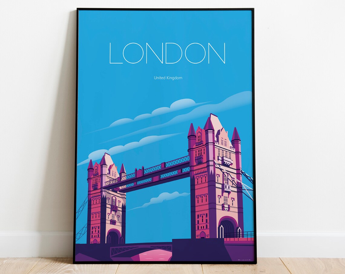 London United Kingdom Tower Bridge Pink Sunset Travel Poster