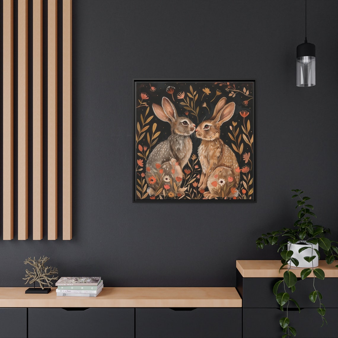 Two Rabbits Folk Art Floral Black Background Painting Poster - Image 2