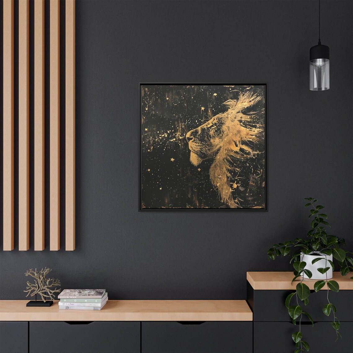 Golden Lion Portrait, Starry Night Animal Art Print - Image 2