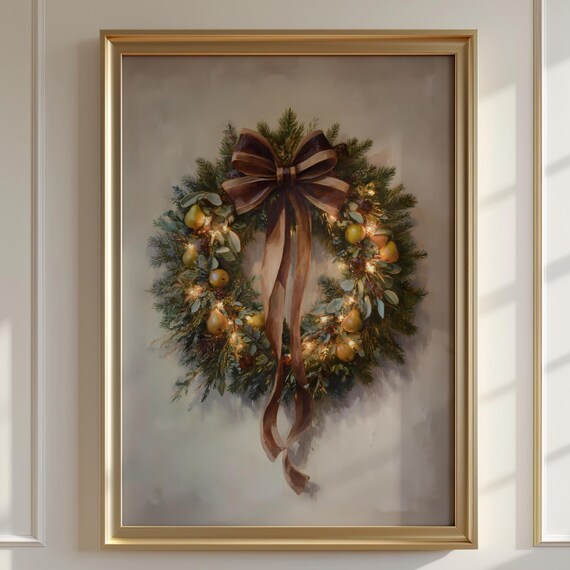 Rustic Christmas Wreath Painting Print Festive Evergreen Bow Artwork