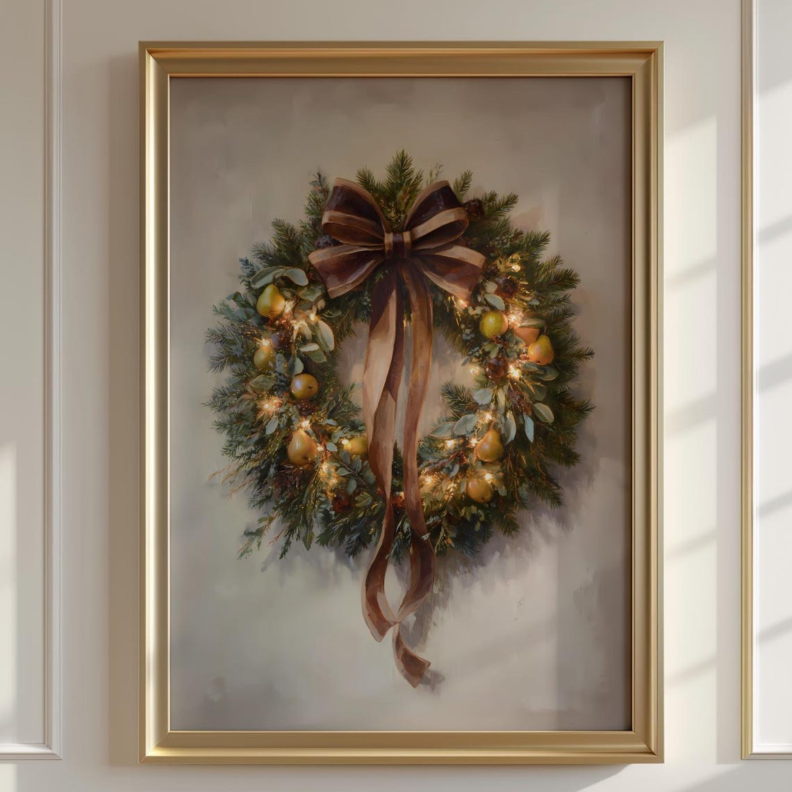Rustic Christmas Wreath Painting Print Festive Evergreen Bow Artwork
