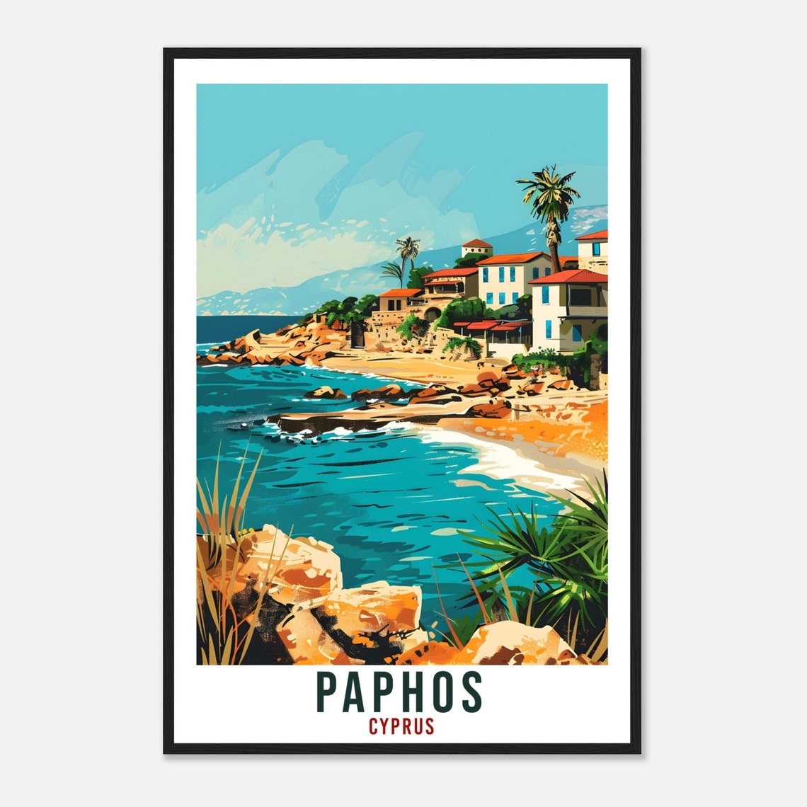 Paphos Cyprus Rocky Cove Village Palms Turquoise Surf Poster - Image 4