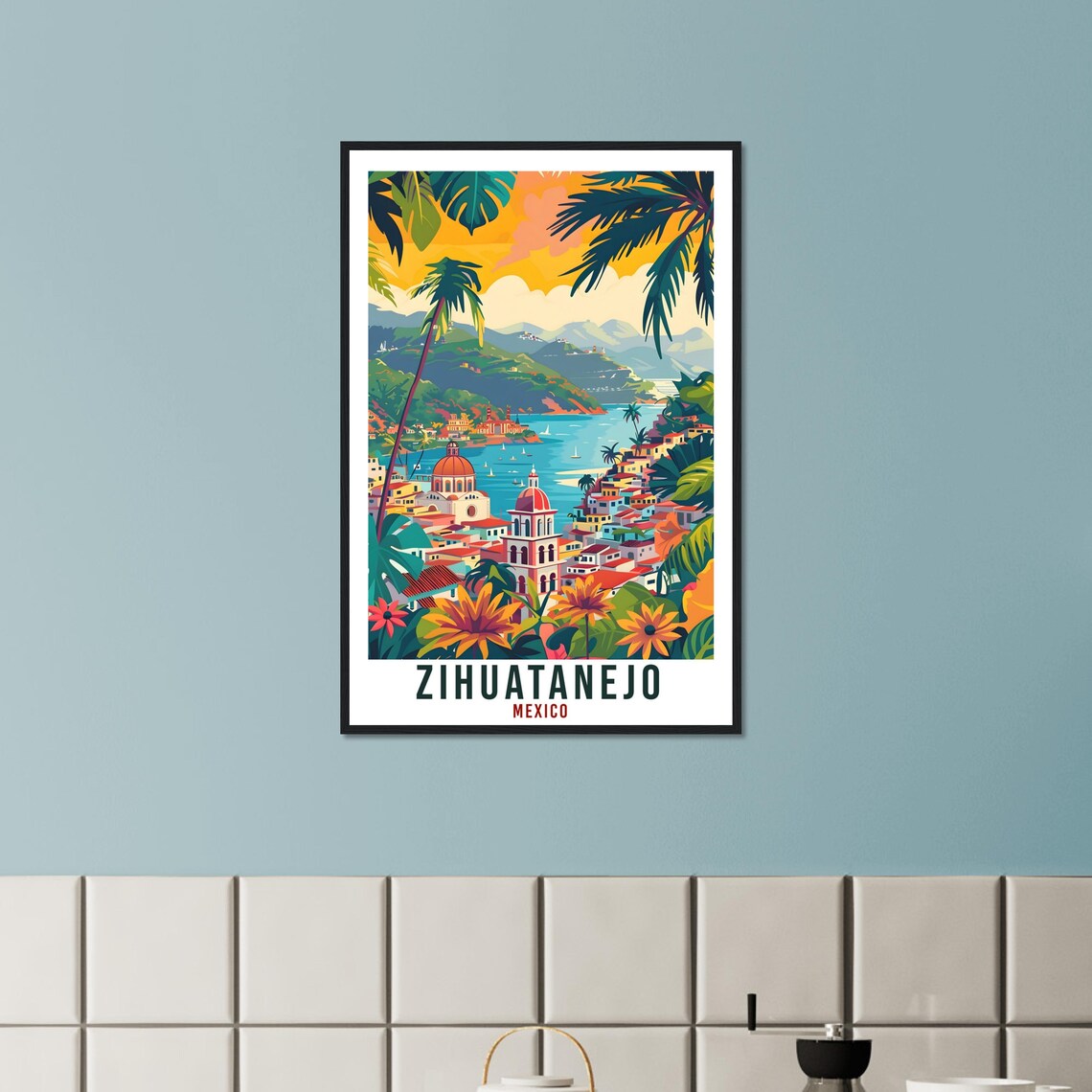 Zihuatanejo Mexico Tropical Bay Town Golden Vintage Travel Poster - Image 2