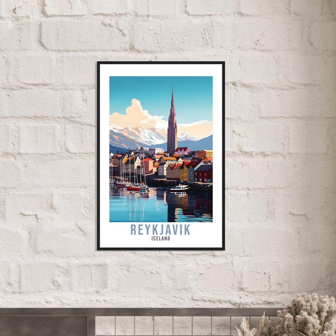 Reykjavik Iceland Harbor Church Spire Snowy Mountain Travel Poster - Image 2