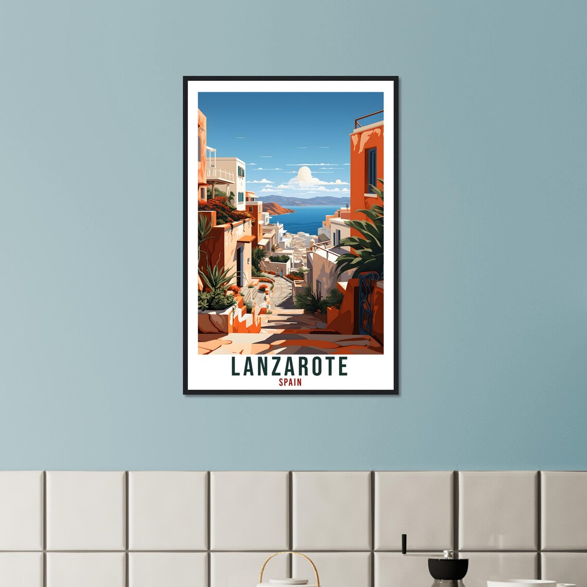 Lanzarote Spain Sunlit Old Town Alley to the Sea Coastal Travel Poster - Image 3