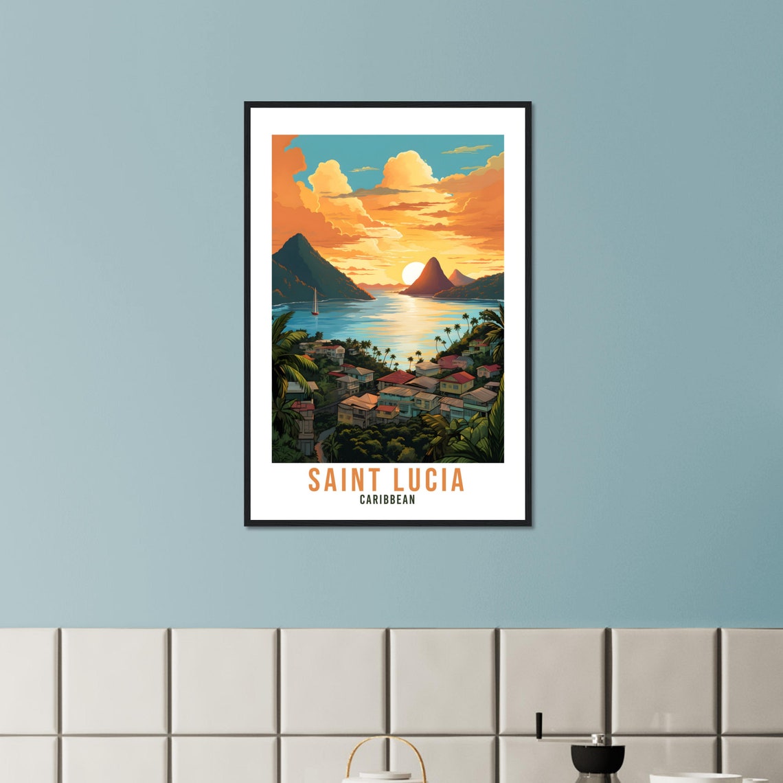 Saint Lucia Caribbean Sunset Pitons Harbor Town Travel Poster - Image 3