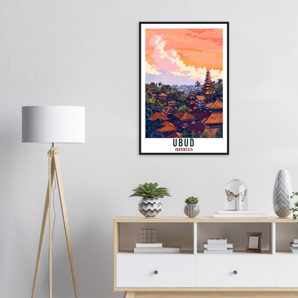 Ubud Indonesia Orange Sunset Temple Rooftops Vintage Travel Poster - Image 3