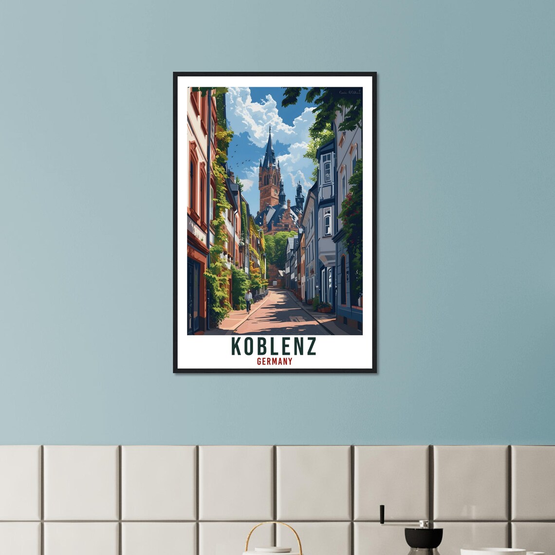 Koblenz Germany Old Town Church Tower Cobblestone Street Poster - Image 2