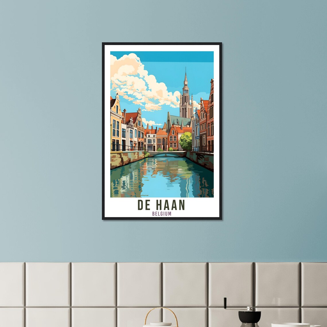 De Haan Belgium Canal Gabled Houses Church Vintage Travel Poster - Image 2