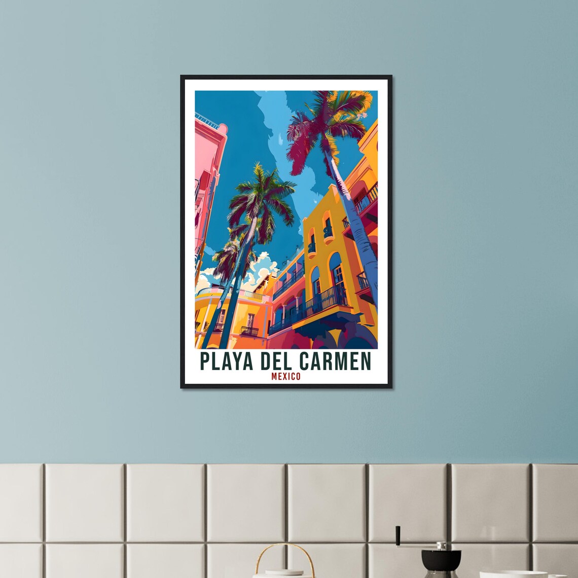 Playa del Carmen Mexico Riviera Maya Colorful Street Palms Sky View Poster - Image 3