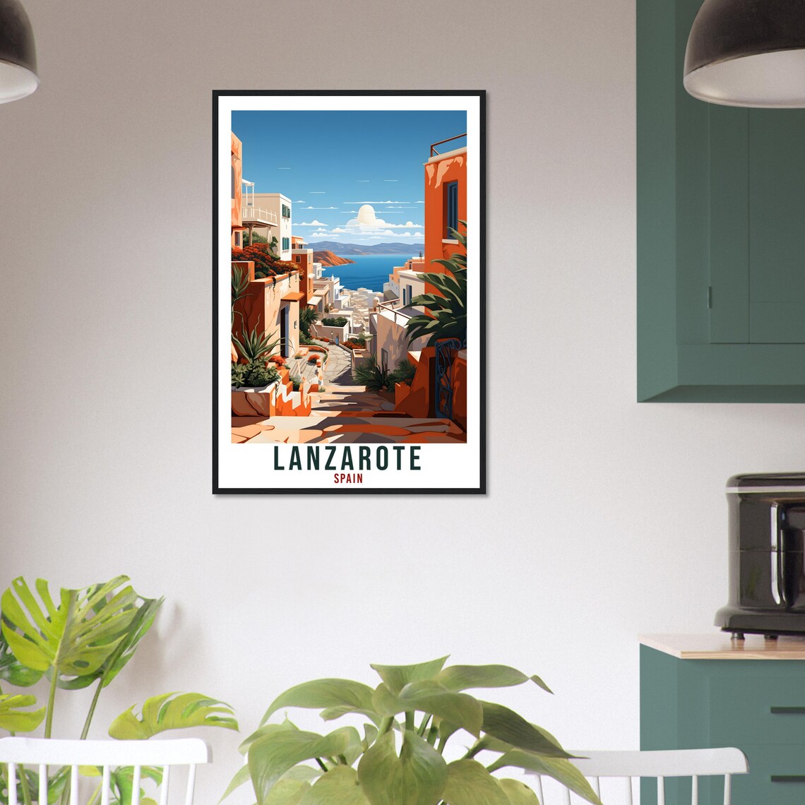 Lanzarote Spain Sunlit Old Town Alley to the Sea Coastal Travel Poster - Image 4