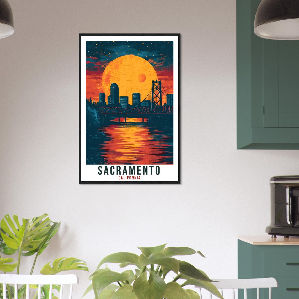 Sacramento California Night Skyline Bridge Moonlight City Art Poster - Image 2