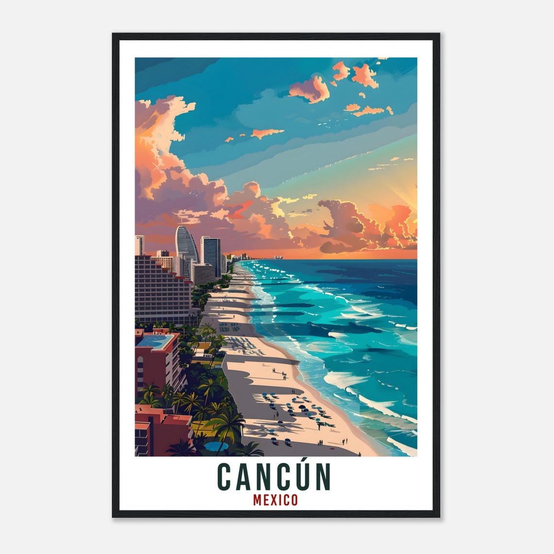 Cancun Mexico Beach Skyline Sunset Ocean Waves Travel Poster - Image 4