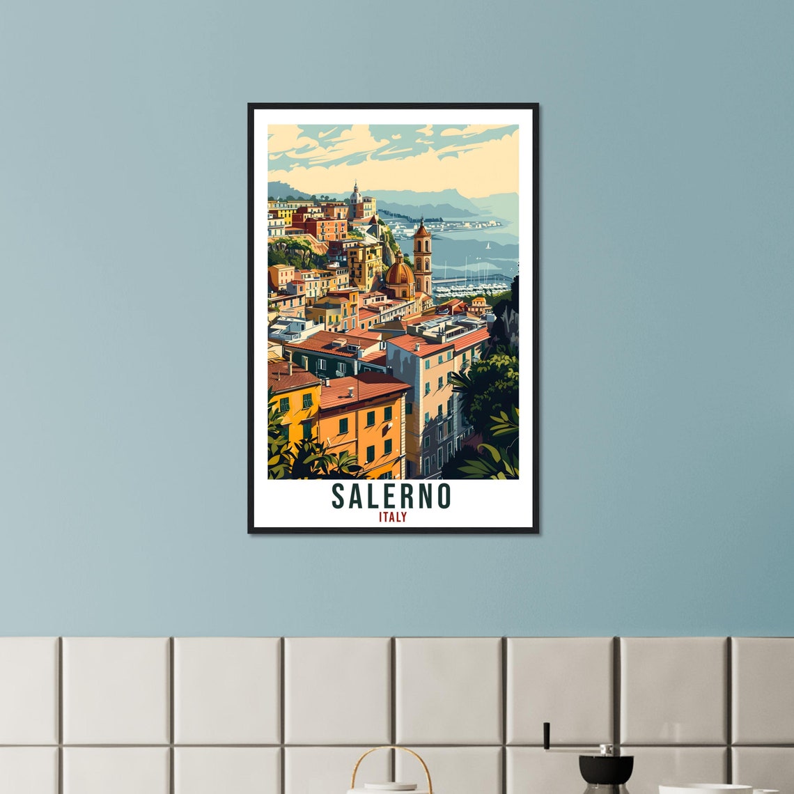 Salerno Italy Hillside Coastal Town Harbor View Travel Poster - Image 3