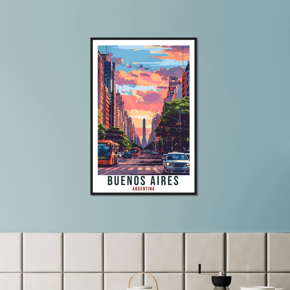 Buenos Aires Argentina Avenue Sunset Buses Obelisk Travel Poster - Image 2