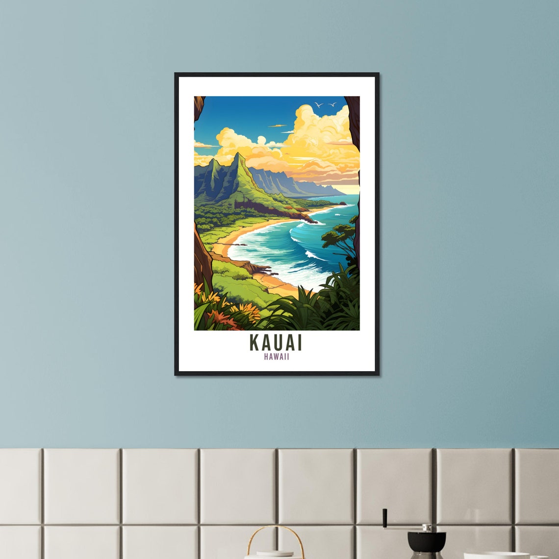 Kauai Hawaii Lush Green Cliffs Beach Surf Waves Travel Poster - Image 3