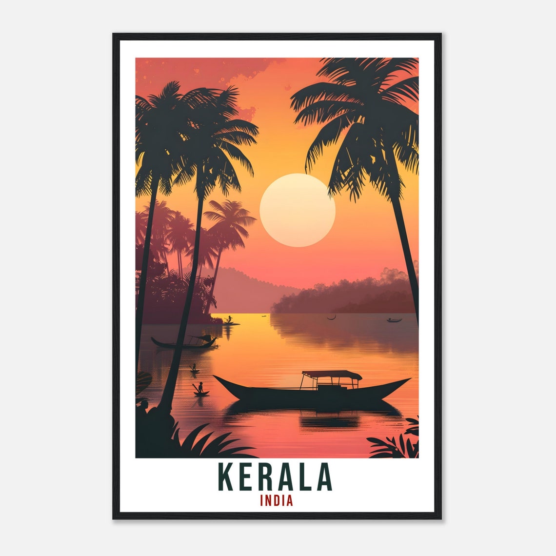 Kerala India Palm Trees Sunset Backwater Boats Travel Poster - Image 4
