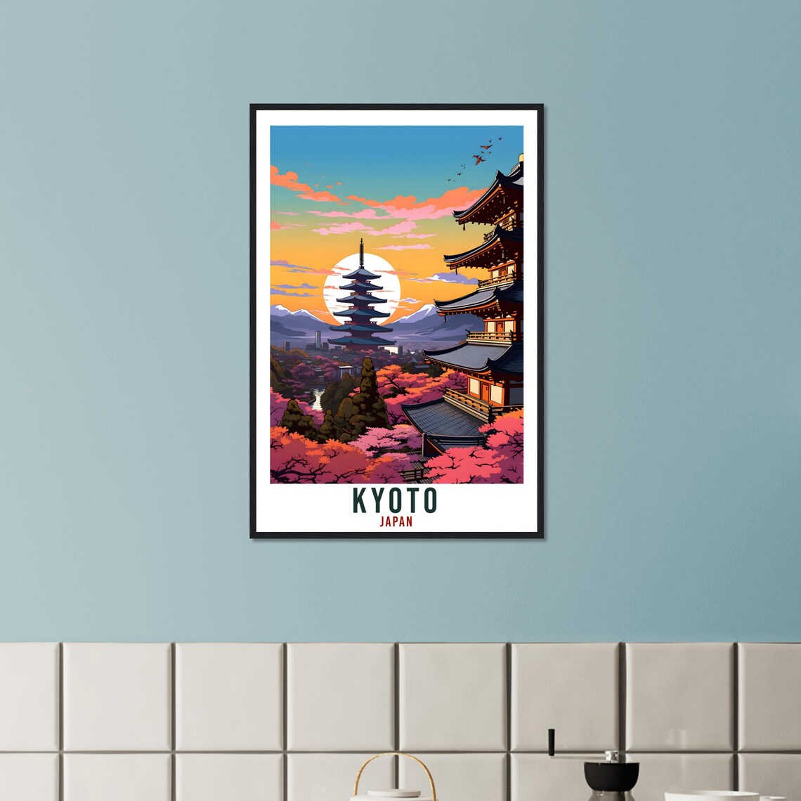 Kyoto Japan Cherry Blossom Pagoda Sunset Vintage Travel Poster - Image 2