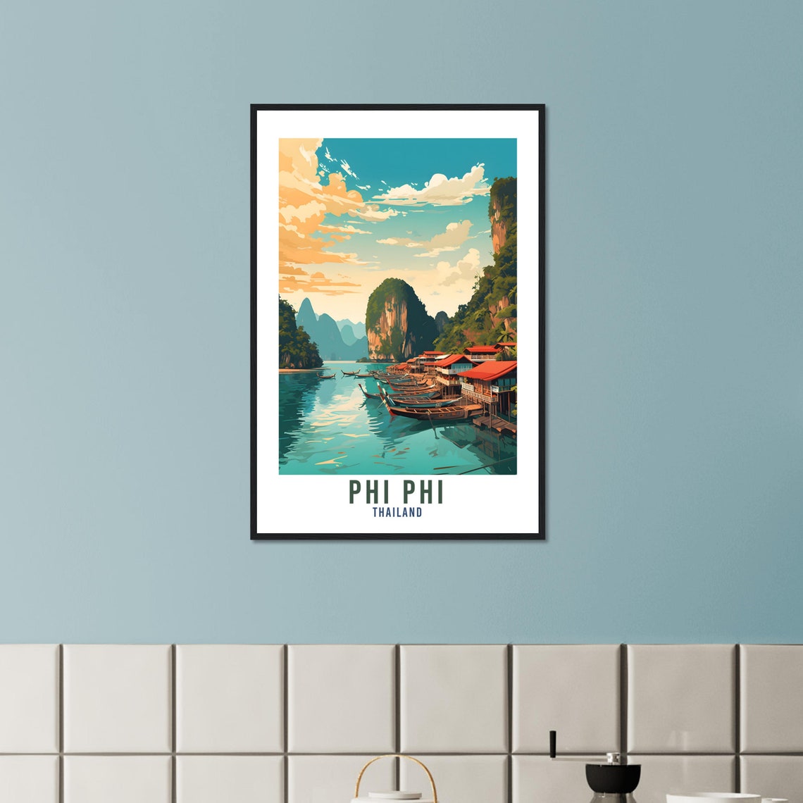 Phi Phi Thailand Limestone Cliffs Longtail Boats Bay Travel Poster - Image 4
