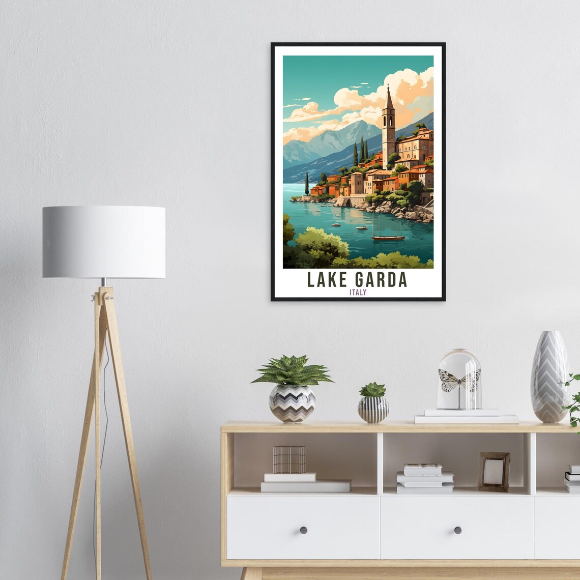 Lake Garda Italy Lakeside Village Bell Tower Boats Travel Poster - Image 4