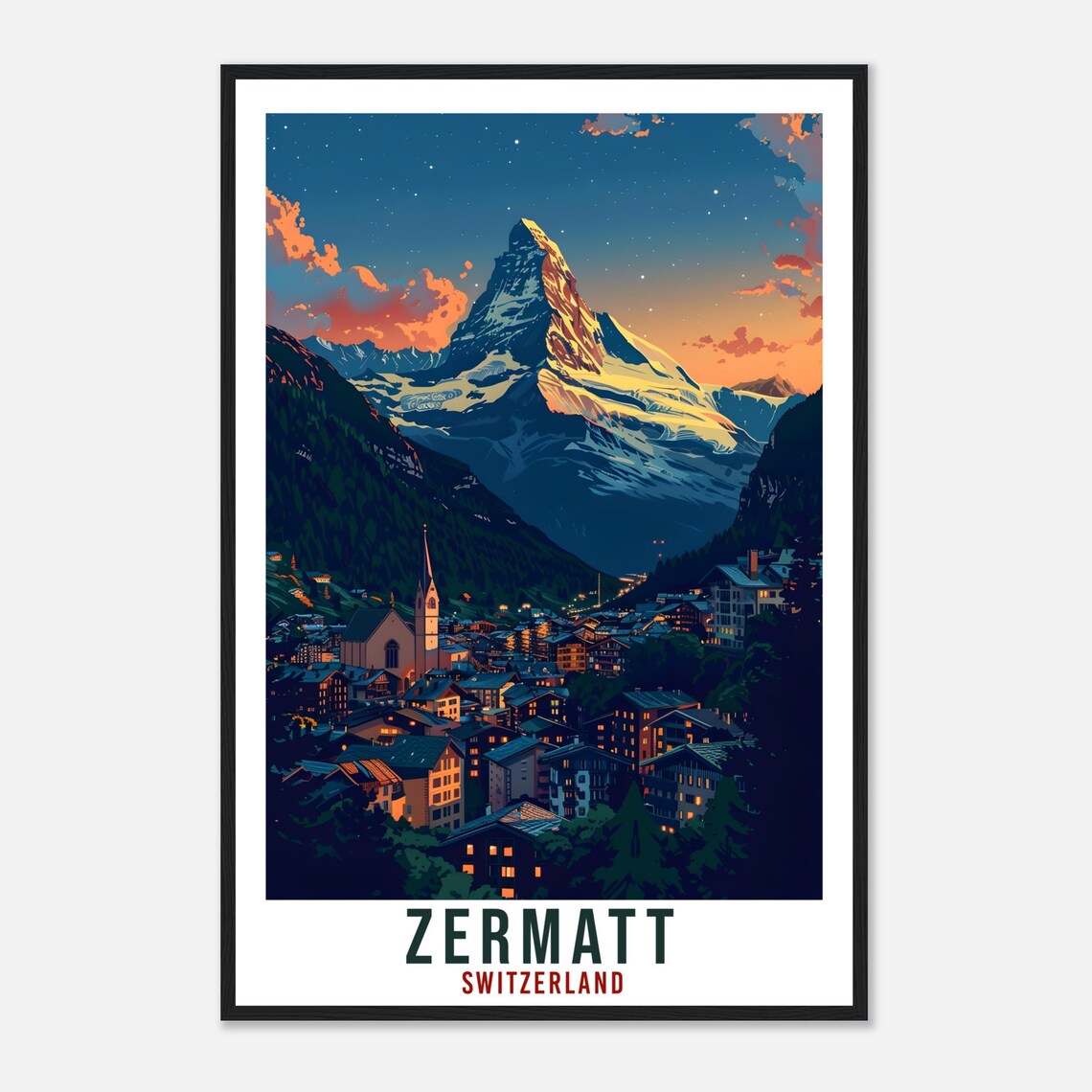 Zermatt Switzerland Matterhorn Peak Village Night Glow Travel Poster - Image 4