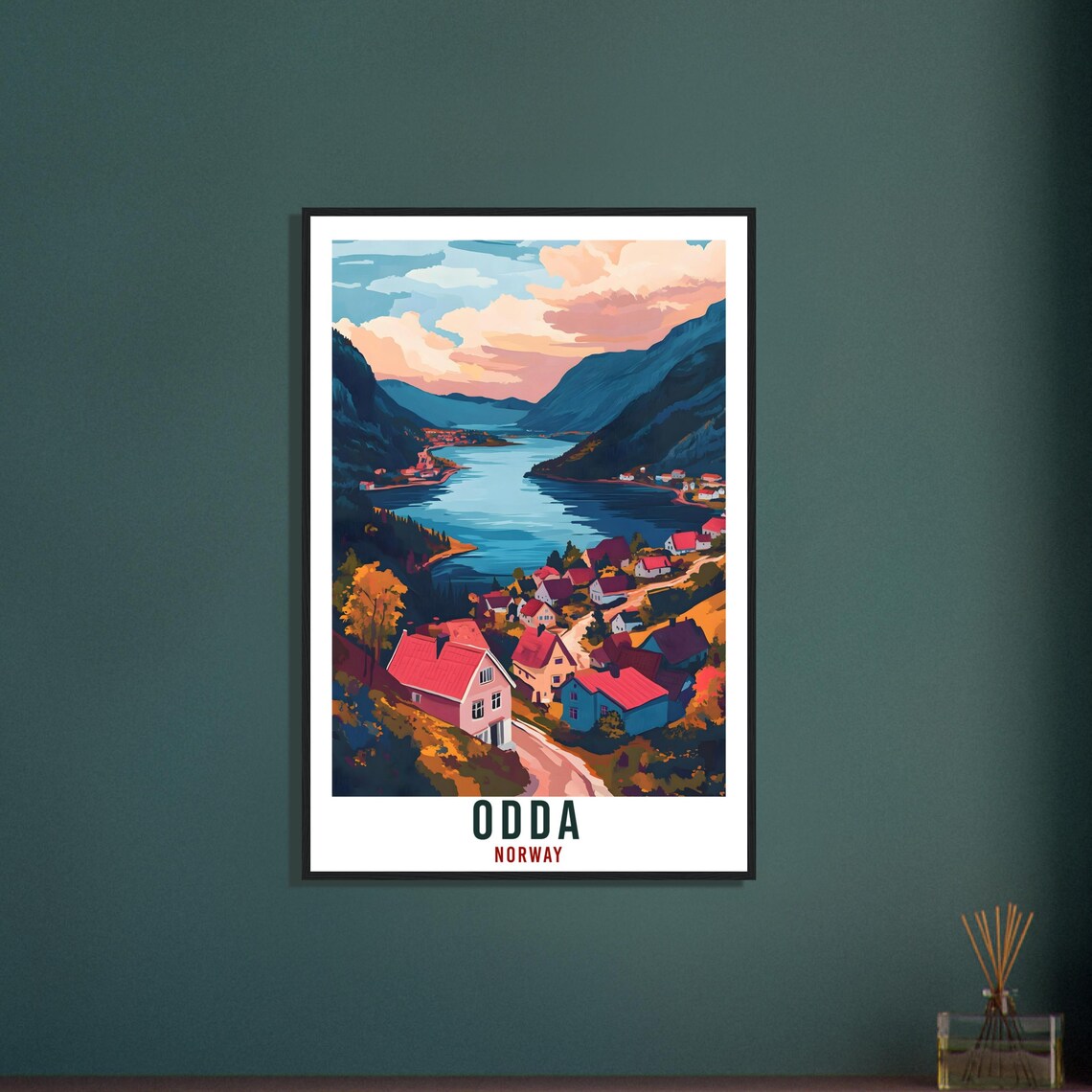 Odda Norway Red Roofed Village Sunset Illustrated Travel Poster - Image 3