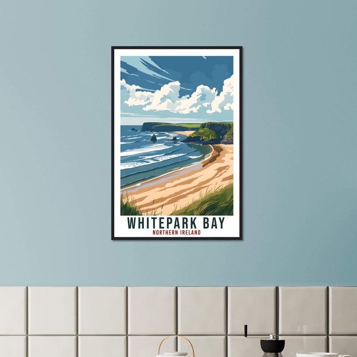 Whitepark Bay Northern Ireland Beach Retro Cliffs Travel Poster - Image 3