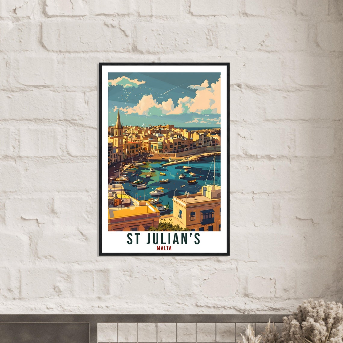 Saint Julians Malta Harbor Boats Church Spire Retro Travel Poster - Image 3