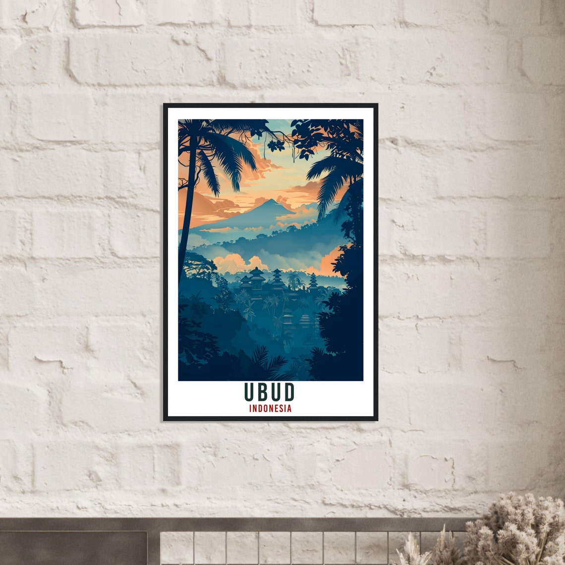 Ubud Indonesia Volcano Sunrise Temple Silhouettes Travel Poster - Image 3