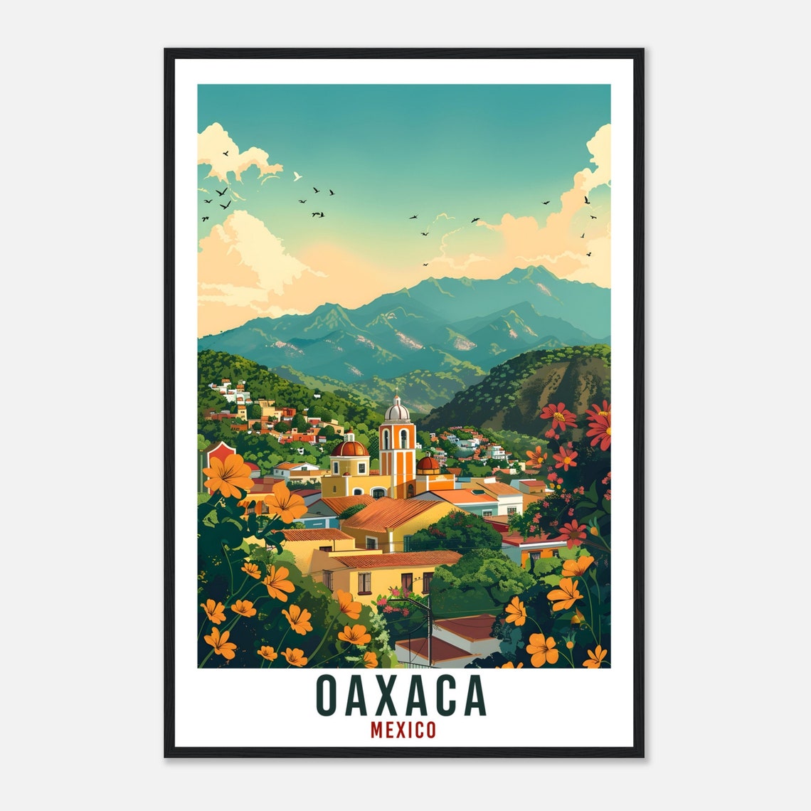 Oaxaca Mexico Colonial Town Church Dome Mountains Flower Foreground Poster - Image 4