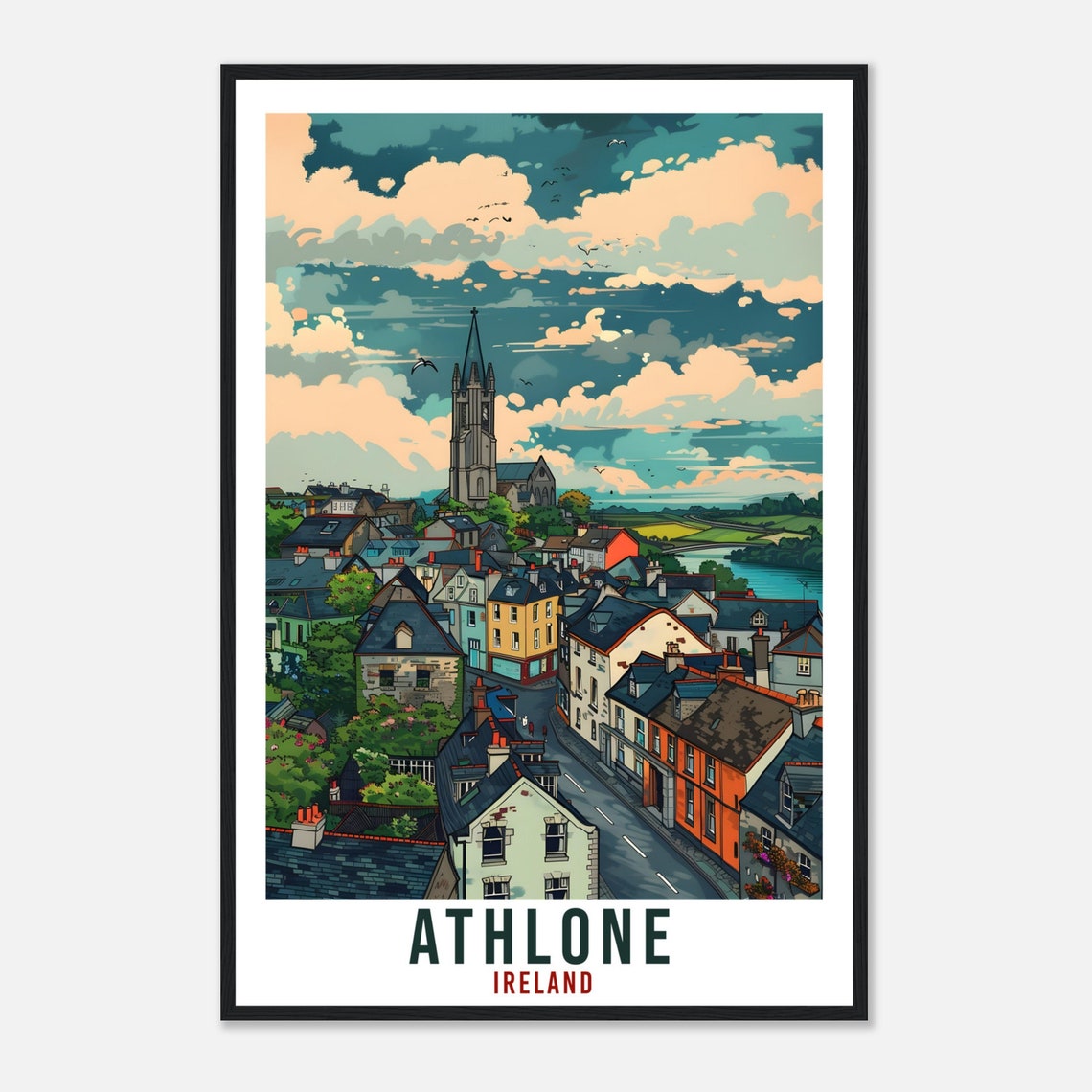 Athlone Ireland Charming Colorful Town Rooftops Travel Poster - Image 4
