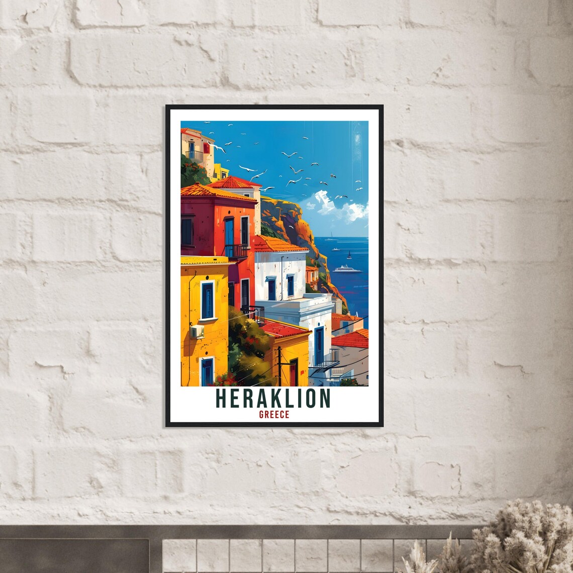 Heraklion Greece Colorful Harbor Houses Seagulls Travel Poster - Image 2