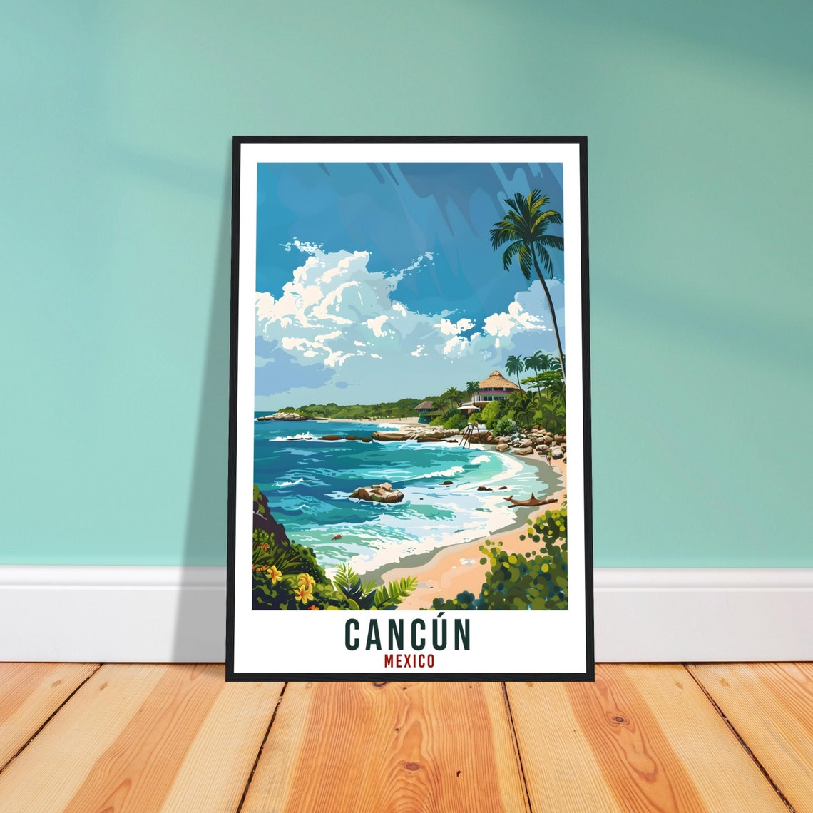 Cancun Mexico Turquoise Cove Sandy Beach Palms Caribbean Travel Poster