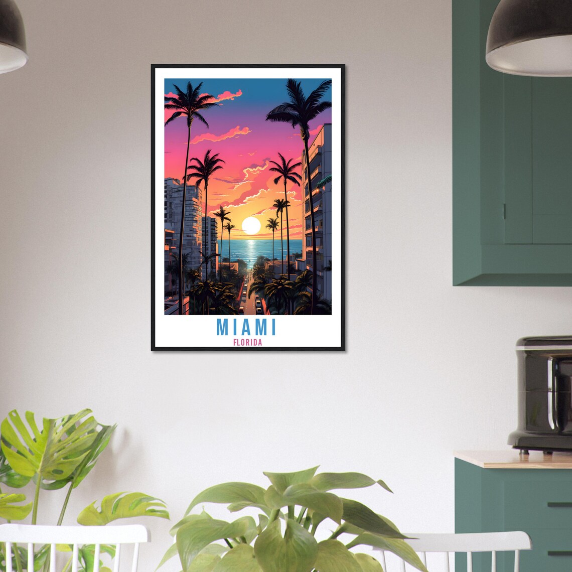 Miami Florida Palm Street Sunset Ocean Condos Pink Sky Travel Poster - Image 4