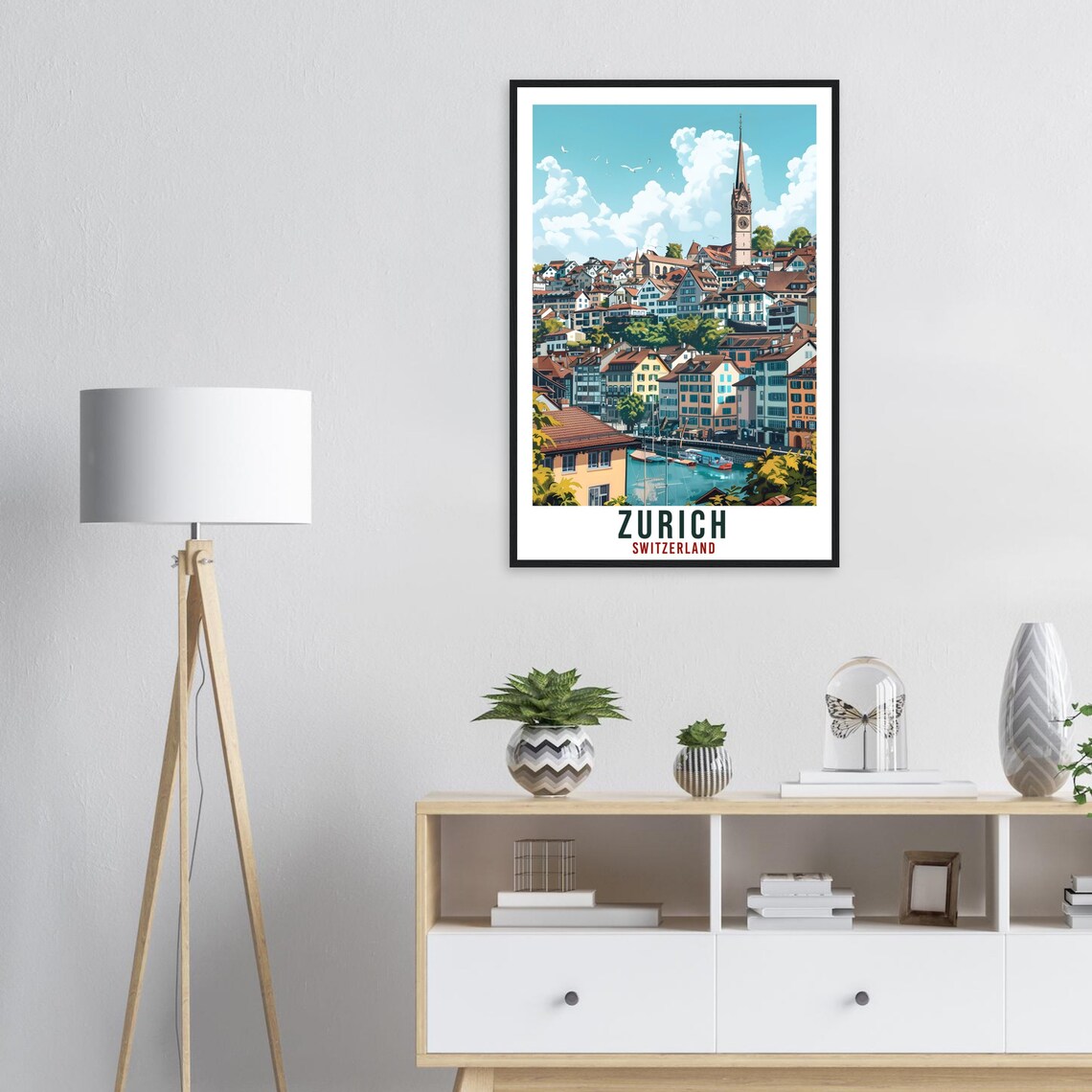 Zurich Switzerland Old Town Church Spire Riverfront Travel Poster - Image 2