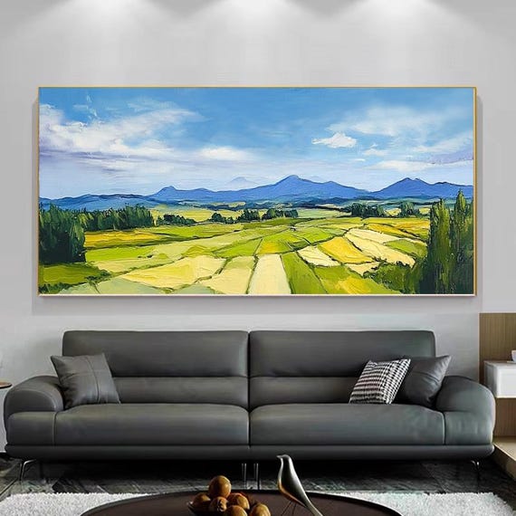 Abstract Oil Painting Blue Sky With White Clouds Distant Mountains Harvest Fields Textured Pastoral Landscape Art For Living Room
