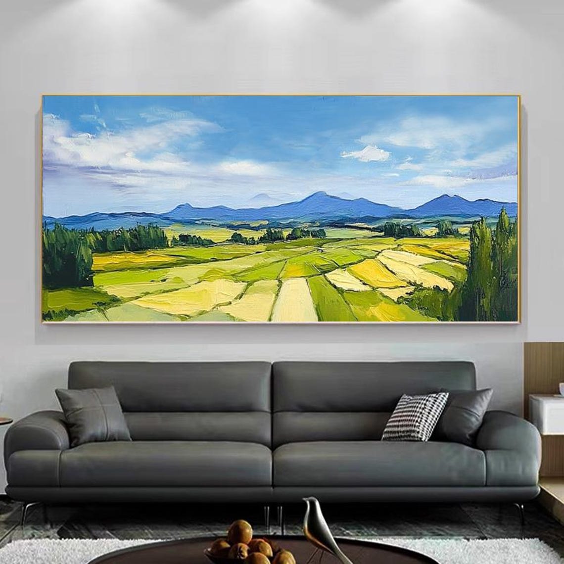 Lush Green Rice Fields With Distant Blue Mountain View Poster