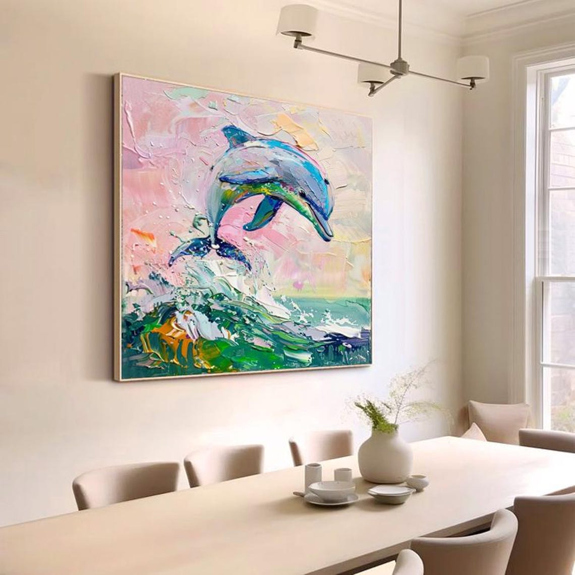 Joyful Leaping Rainbow Dolphin Over Sparkling Green Ocean Wave Poster - Image 5