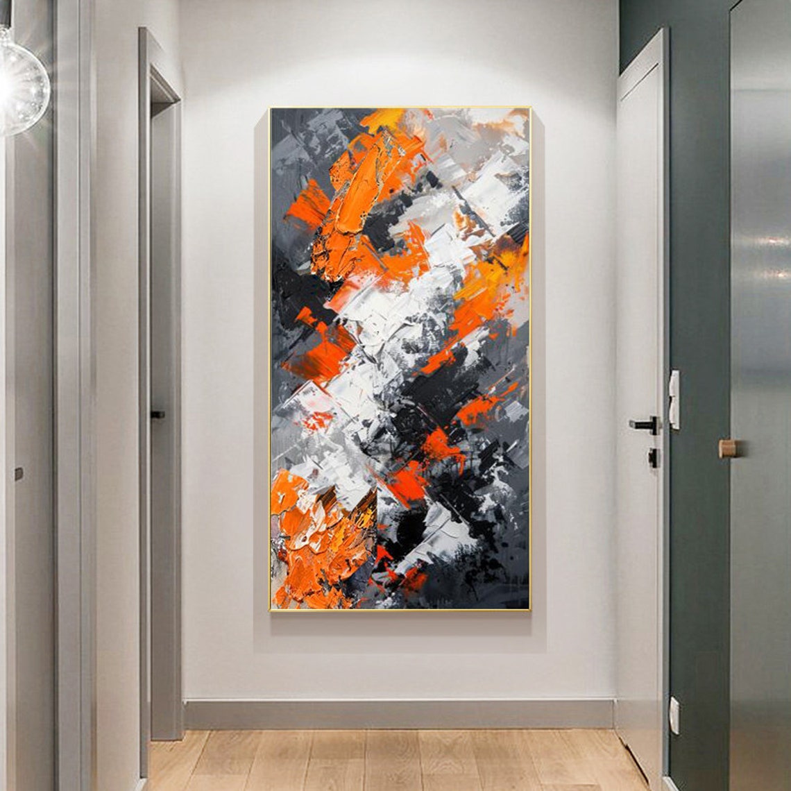 Fiery Orange Black and White Vertical Abstract Artwork Poster - Image 3