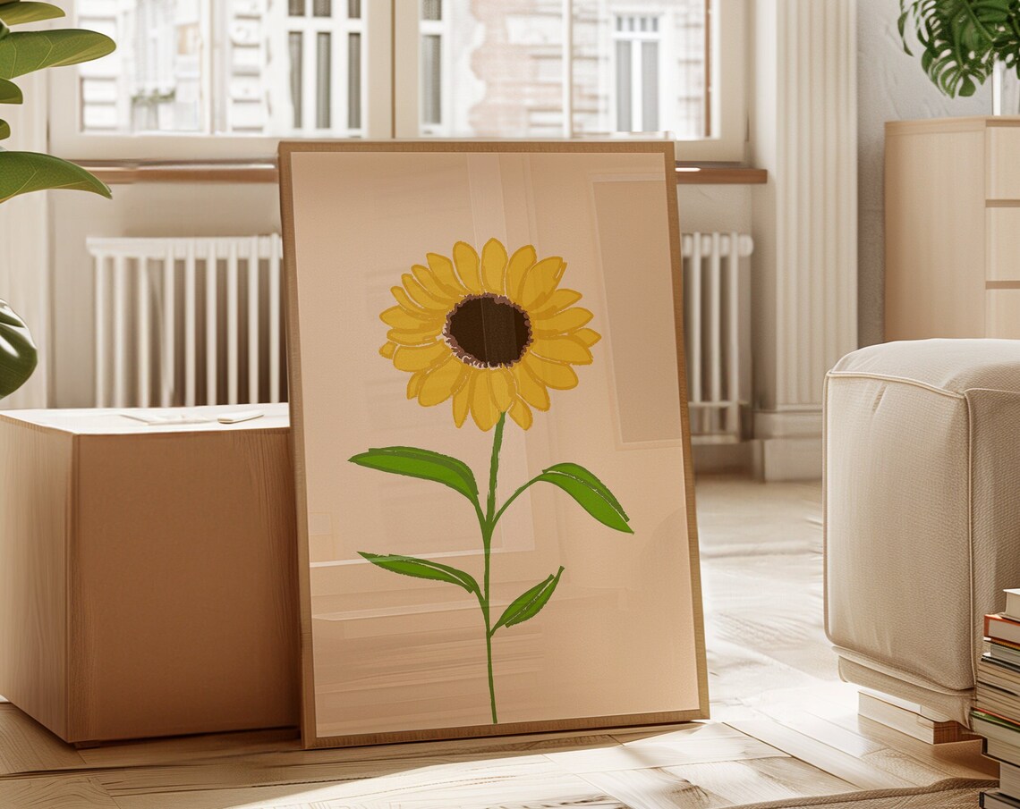 Tall Sunflower Stem Green Leaves Blush Elegant Botanical Art Poster