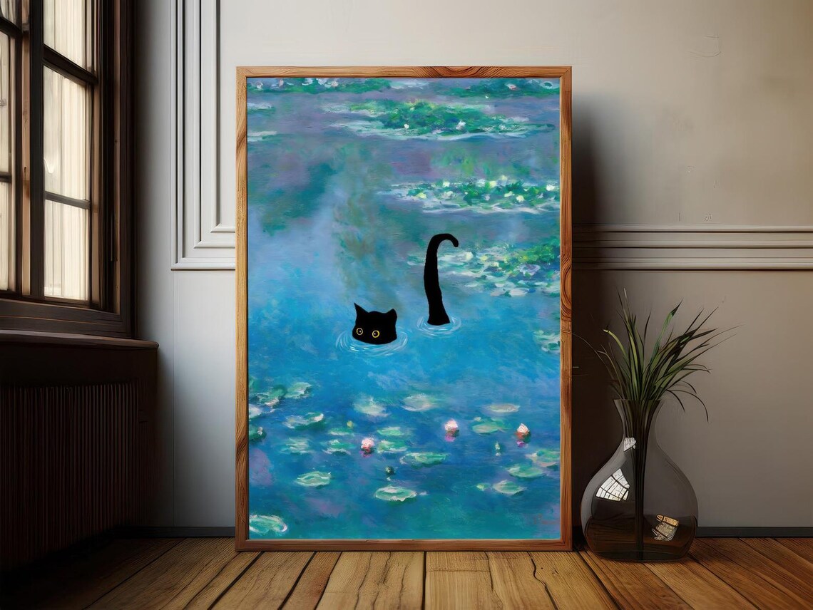 Black Cat Swimming in Monet Style Water Lilies Pond Scene Poster - Image 2