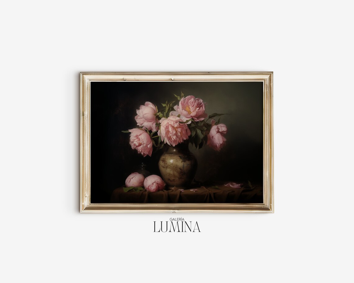 Pink Peonies in Antique Vase, Vintage Still Life Art Print - Image 2