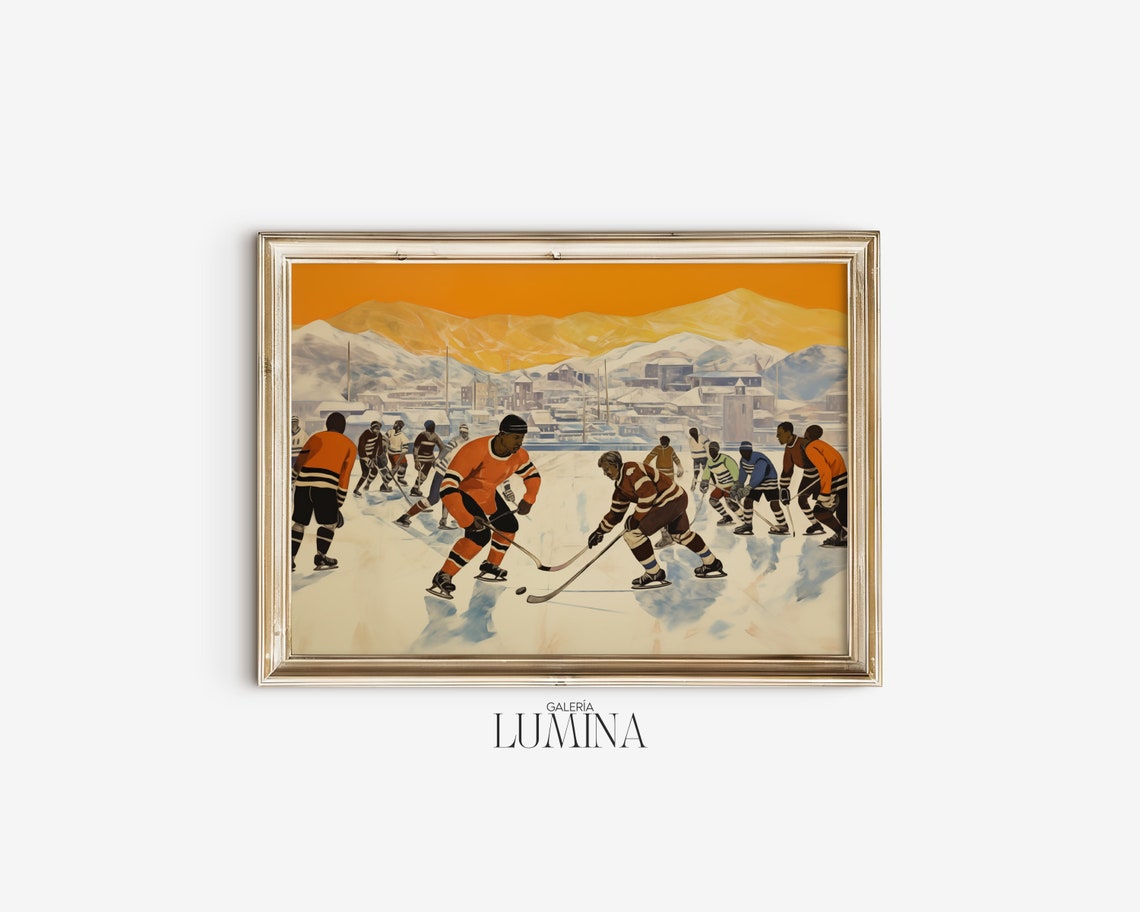 Vintage Ice Hockey Painting Winter Sports Wall Art Mountains Landscape Teen Boys Bedroom Wall Decor Art Frame Tv Art 200 - Image 2