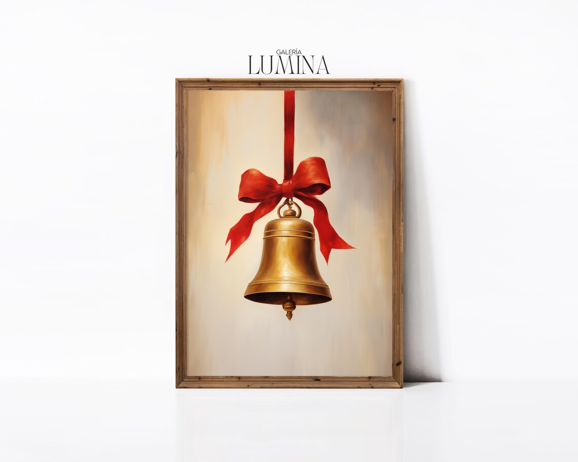Golden Christmas Bell Hanging From a Red Ribbon Vintage Holiday Poster - Image 2