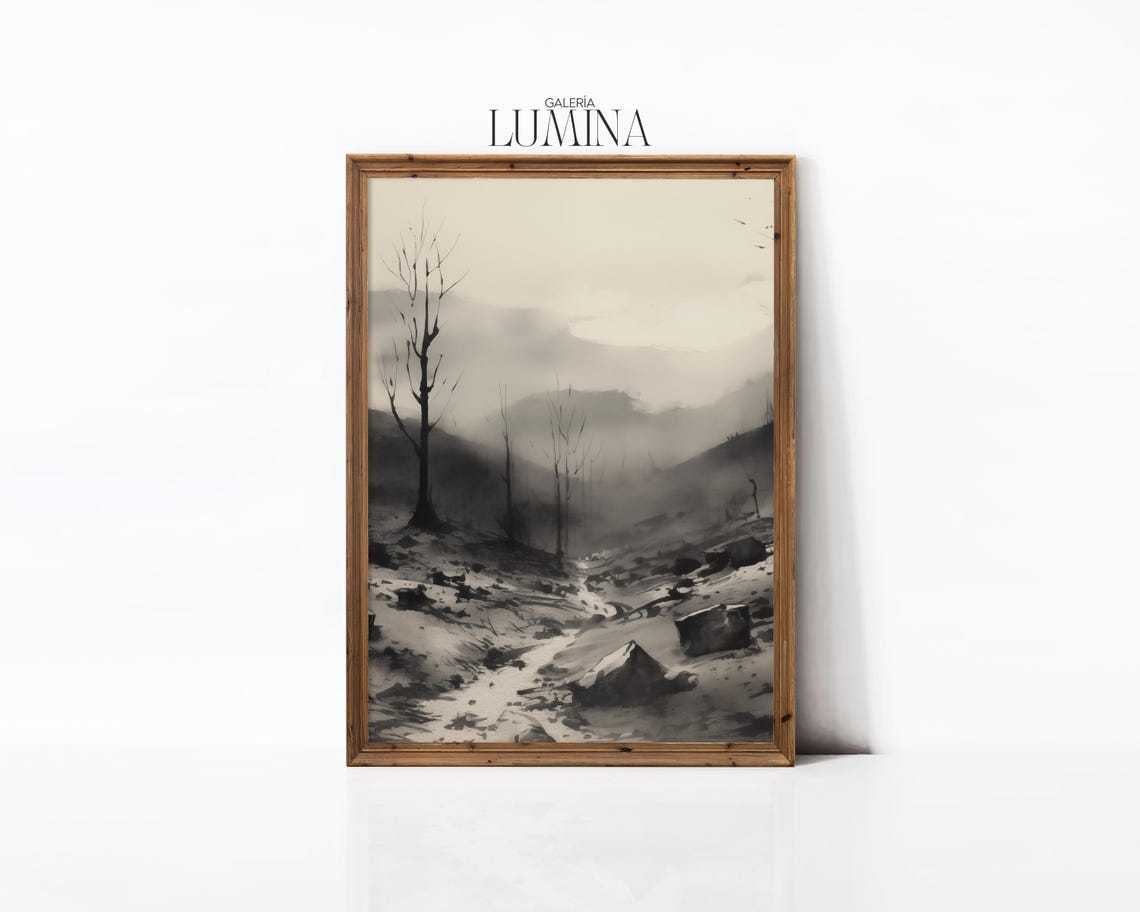 Dark Misty Wilderness with Bare Trees Sumi Ink Landscape Poster - Image 2