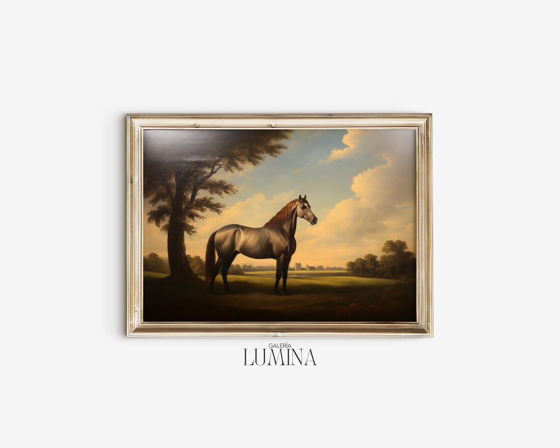 Noble Dark Horse In Sunset Field Classical Equine Oil Painting Poster - Image 2