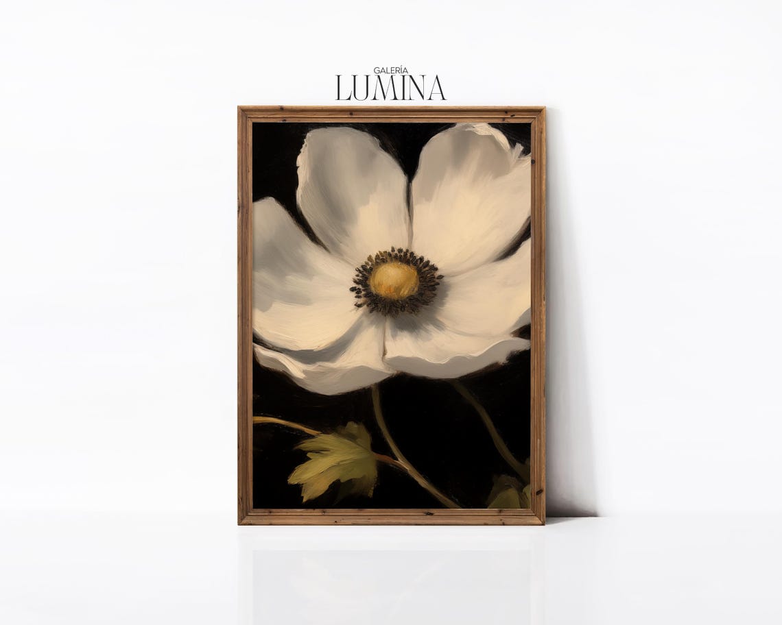 White Anemone Original Oil Painting Dark Moody Botanical Art Antique White Flower Still Life Painting Art Frame Tv Art 697 - Image 3