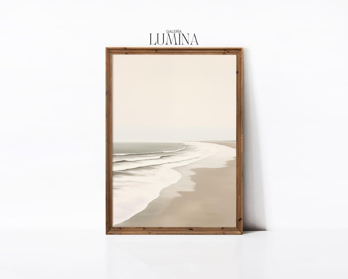 Minimalist Neutral Beach Waves on Curved Shoreline Art Poster - Image 2