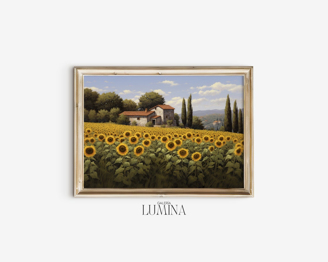 Tuscan Sunflower Field Stone Farmhouse Cypress Trees Oil Poster - Image 2